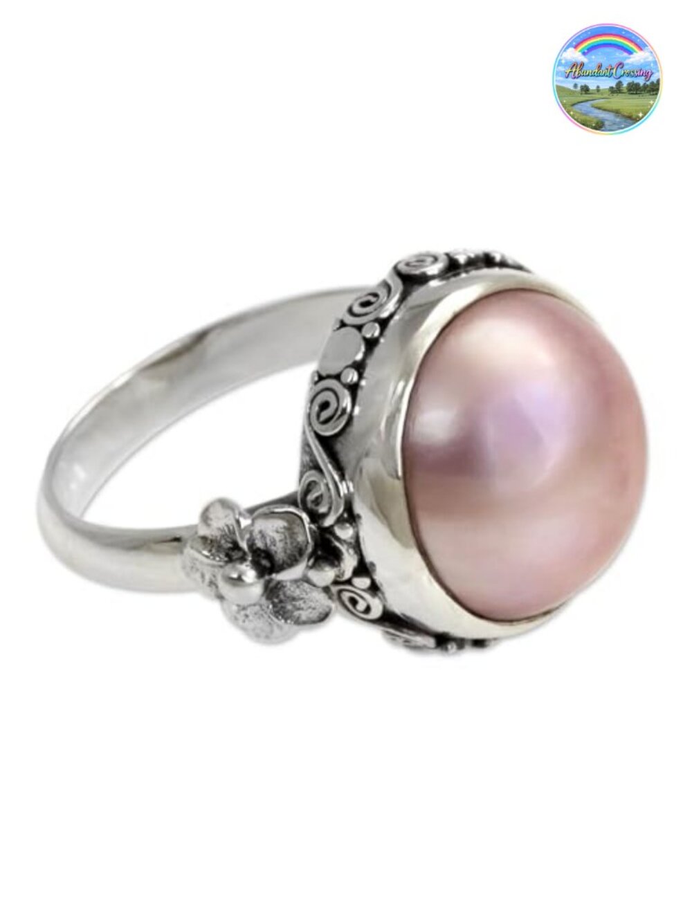 Pearl Flower Ring Love Moon Floral Sterling Silver Cocktail Band